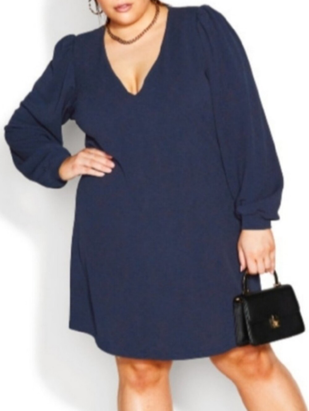 City Chic Plus Size Quiero Navy V-Neck Long Sleeve Shift Dress
